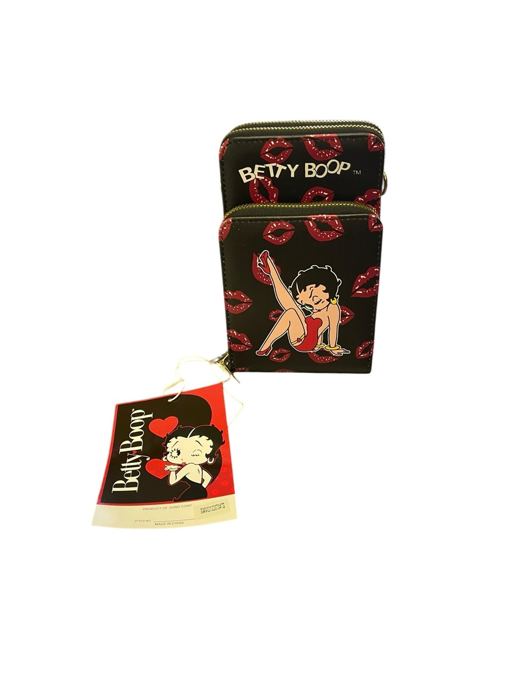 Betty Boop Black & Red Kiss Print Compact Wallet crossbody strap new